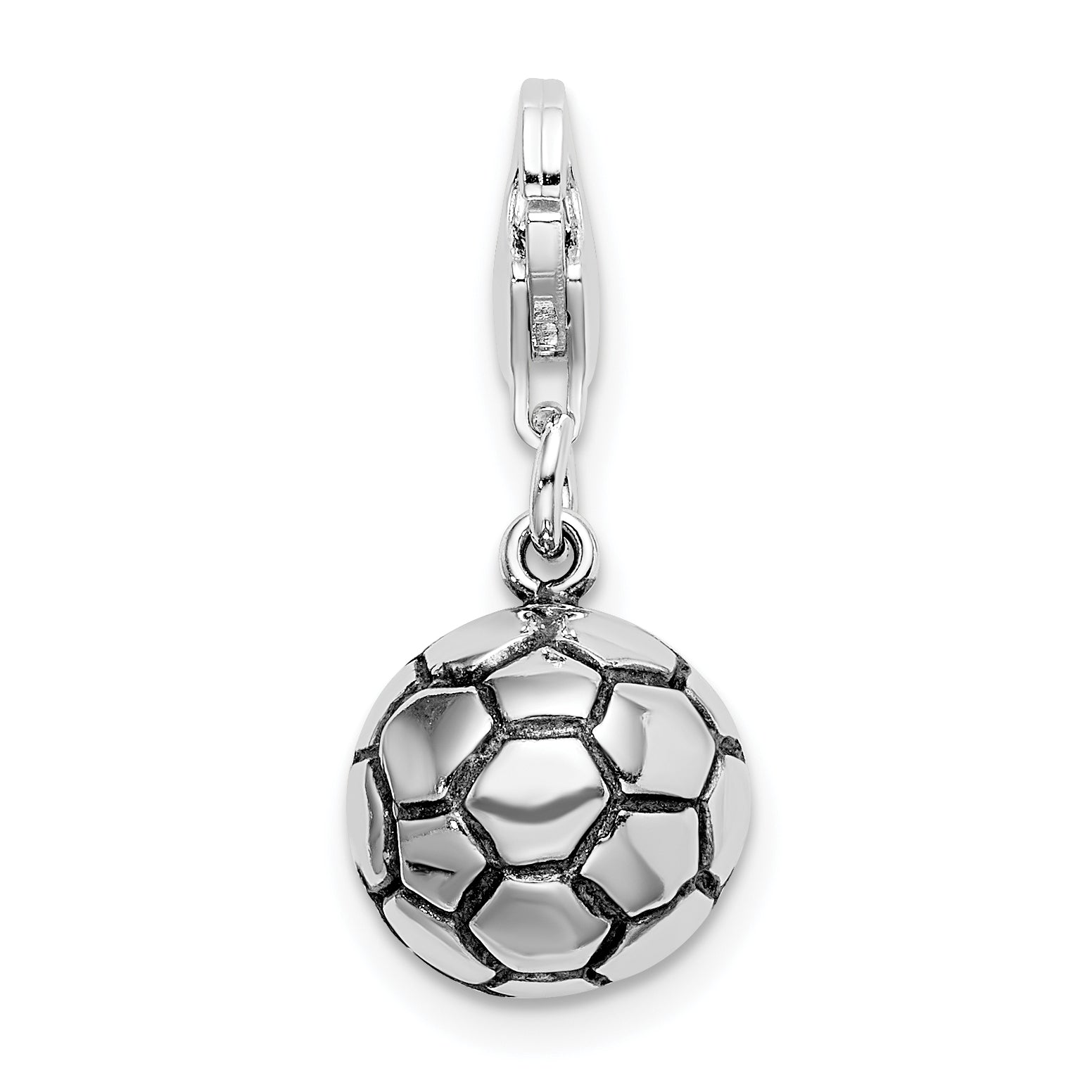 Sterling Silver Amore La Vita Rhodium-Plated Polished And Antiqued Soccer Ball Charm With Fancy Lobster Clasp