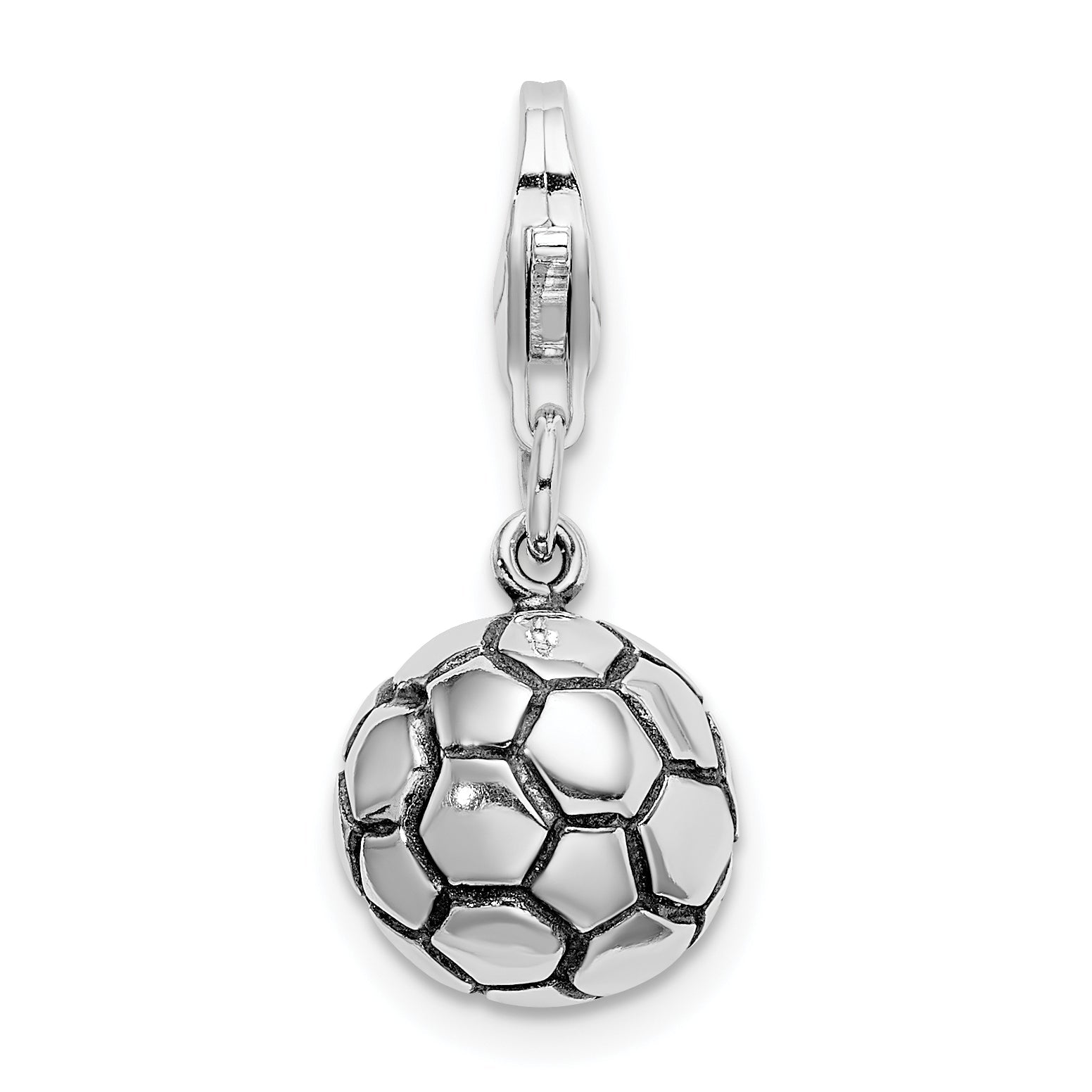 Sterling Silver Amore La Vita Rhodium-Plated Polished And Antiqued Soccer Ball Charm With Fancy Lobster Clasp