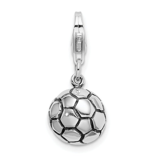 Sterling Silver Amore La Vita Rhodium-Plated Polished And Antiqued Soccer Ball Charm With Fancy Lobster Clasp