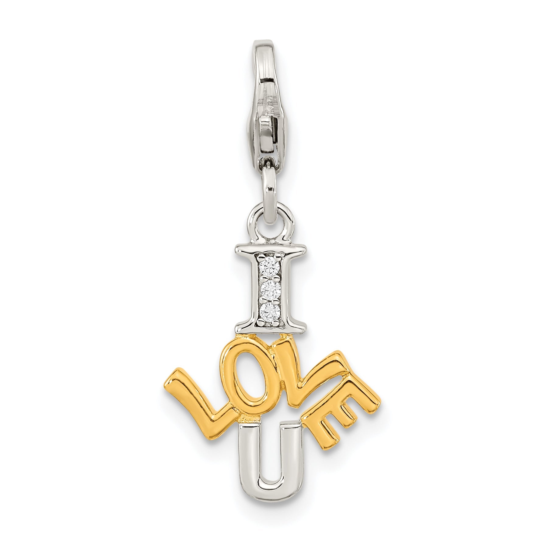 Ss/Gold Plated Amore La Vita Sterling Silver Rhodium-Plated And Gold-Plated Polished Cz I Love U Charm With Fancy Lobster Clasp