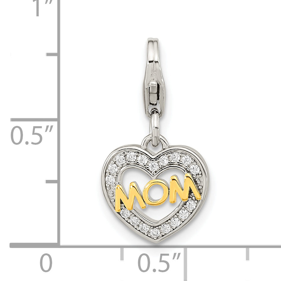 Ss/Gold Plated Amore La Vita Sterling Silver Rhodium-Plated Gold-Plated Polished Cz Mom Heart Charm With Fancy Lobster Clasp