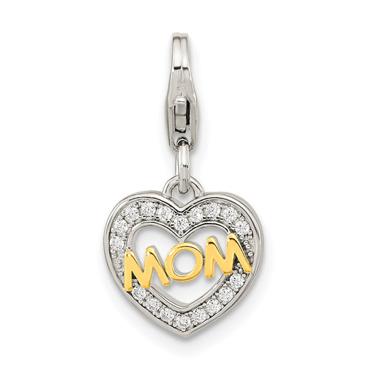 Ss/Gold Plated Amore La Vita Sterling Silver Rhodium-Plated Gold-Plated Polished Cz Mom Heart Charm With Fancy Lobster Clasp