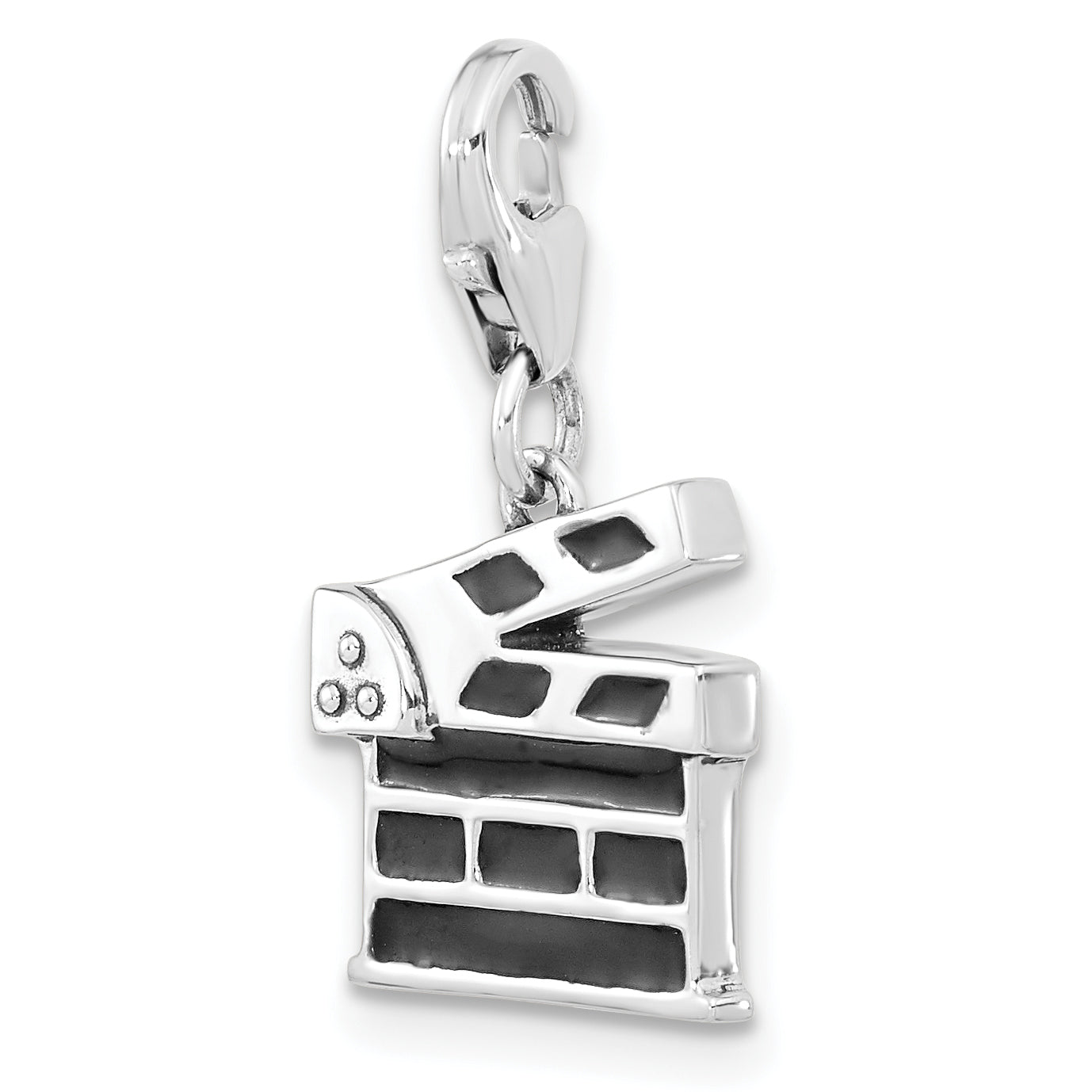 Sterling Silver Amore La Vita Rhodium-Plated Polished Antiqued Black Enameled Clapperboard Charm With Fancy Lobster Clasp
