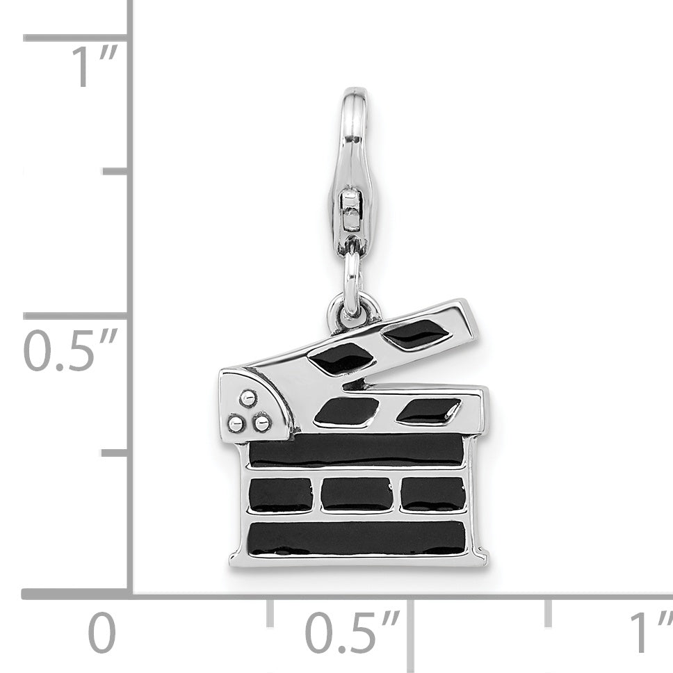 Sterling Silver Amore La Vita Rhodium-Plated Polished Antiqued Black Enameled Clapperboard Charm With Fancy Lobster Clasp