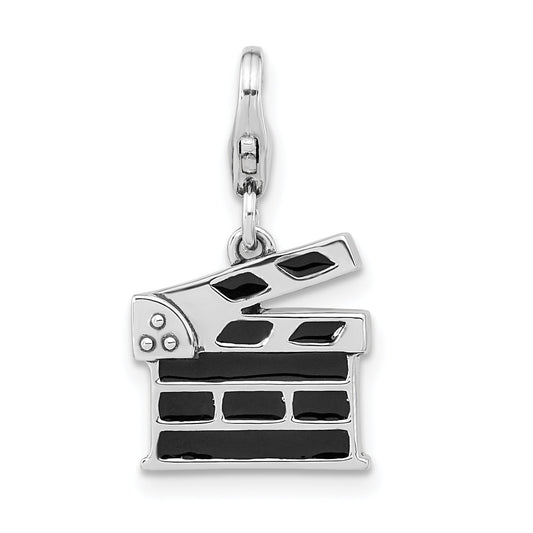 Sterling Silver Amore La Vita Rhodium-Plated Polished Antiqued Black Enameled Clapperboard Charm With Fancy Lobster Clasp