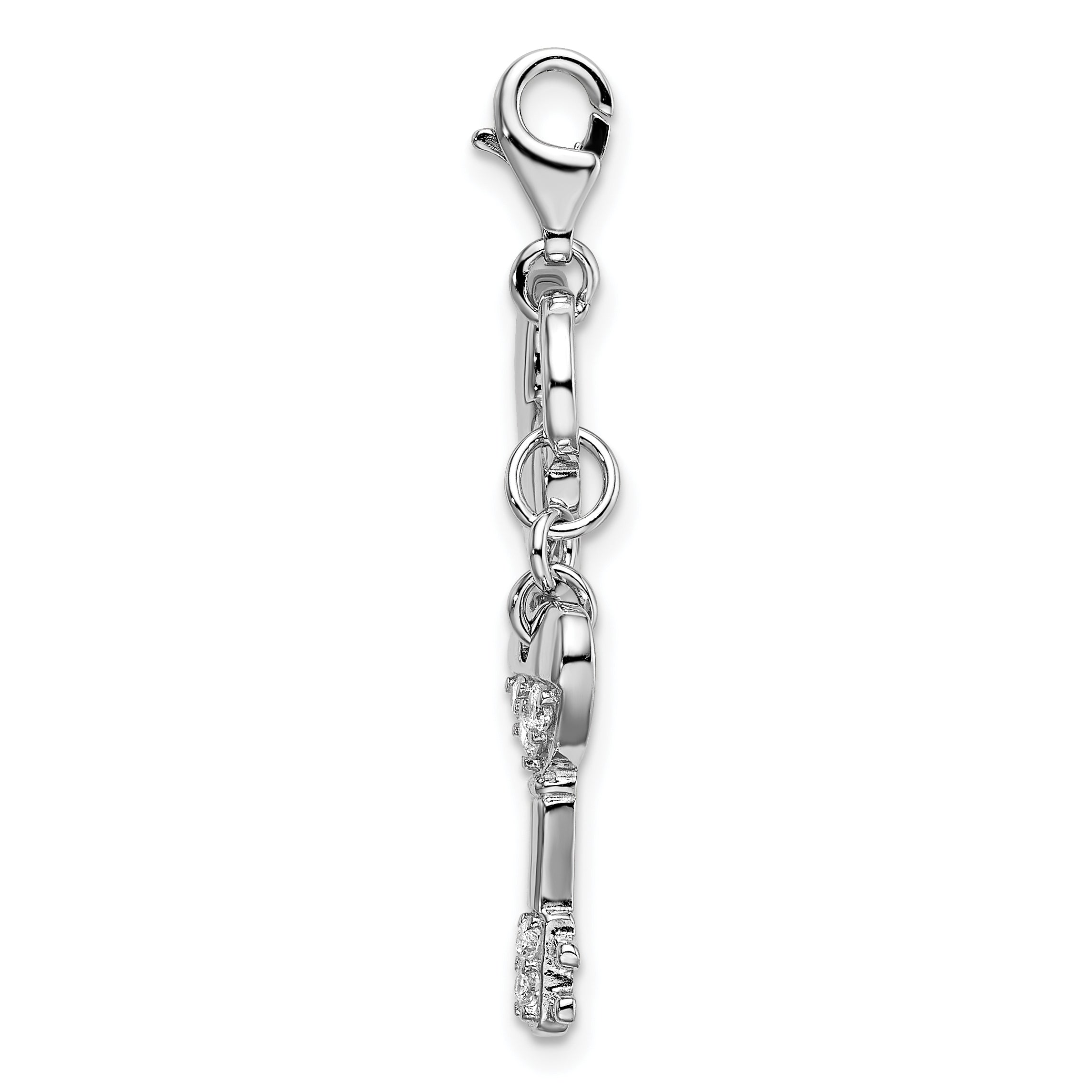 Sterling Silver Amore La Vita Rhodium-Plated Polished Cz Heart And Key Charm With Fancy Lobster Clasp