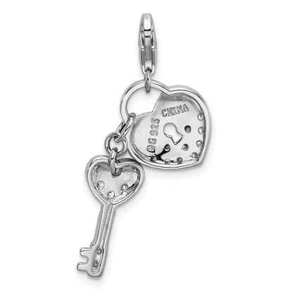 Sterling Silver Amore La Vita Rhodium-Plated Polished Cz Heart And Key Charm With Fancy Lobster Clasp
