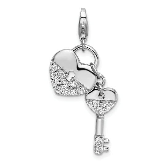 Sterling Silver Amore La Vita Rhodium-Plated Polished Cz Heart And Key Charm With Fancy Lobster Clasp