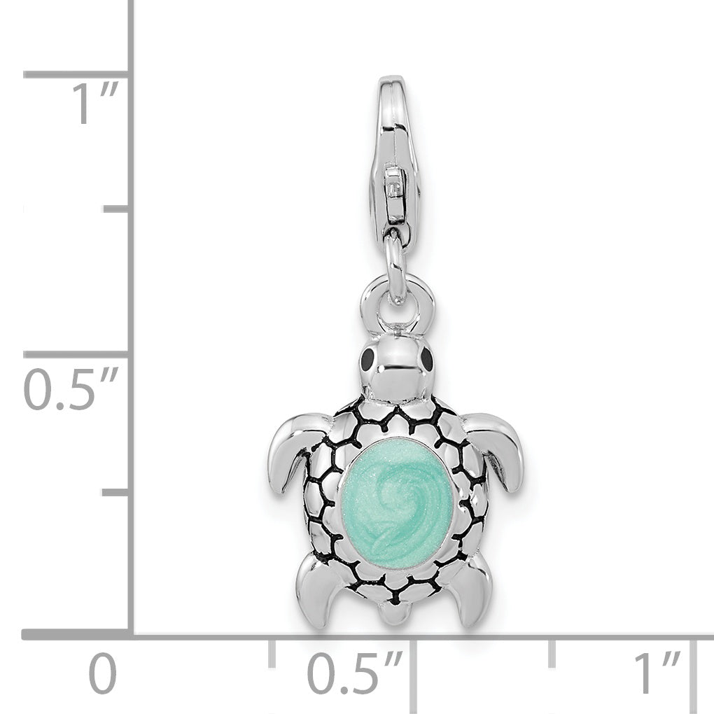 Sterling Silver Amore La Vita Rhodium-Plated Polished 3-D Glitter Enameled Turtle Charm With Fancy Lobster Clasp