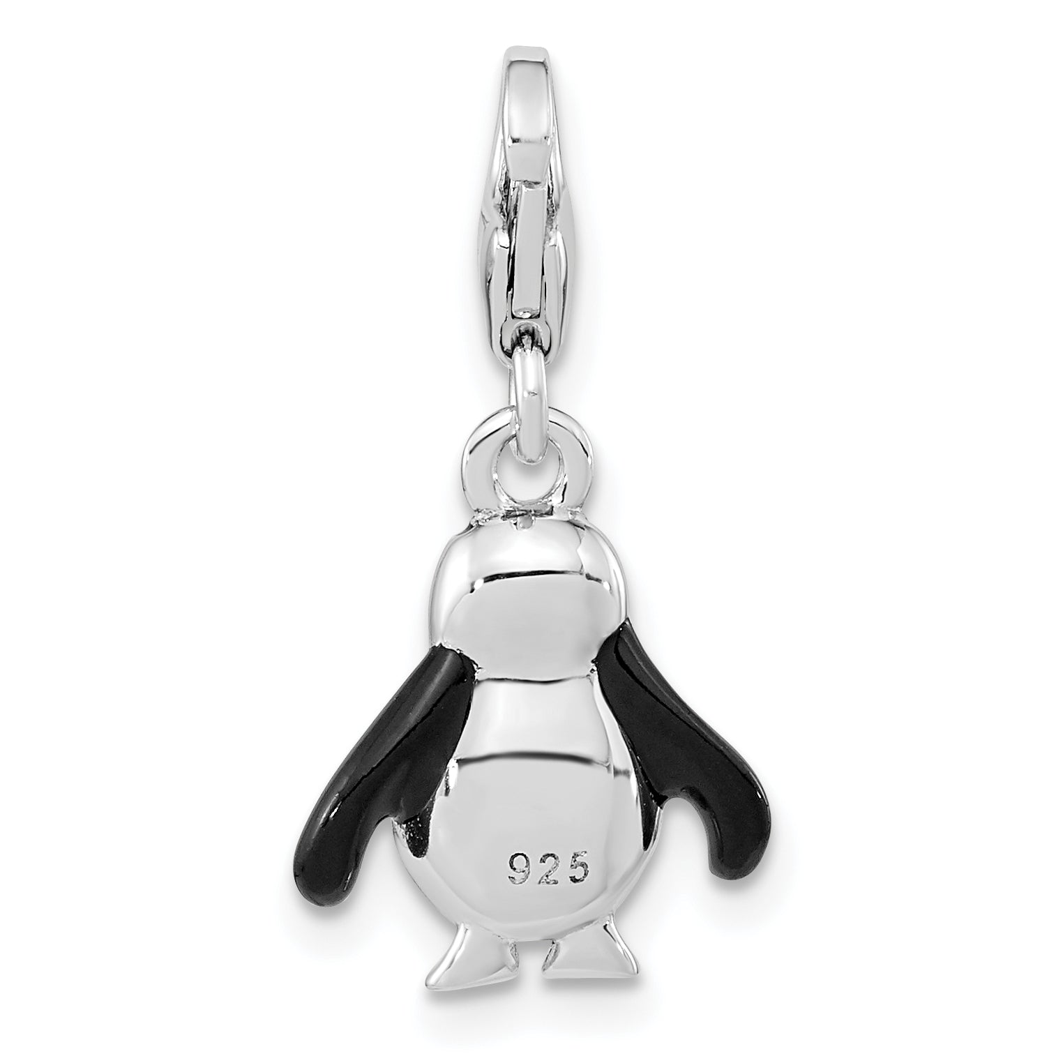 Sterling Silver Amore La Vita Rhodium-Plated Polished 3-D Glitter Enameled Penguin Charm With Fancy Lobster Clasp