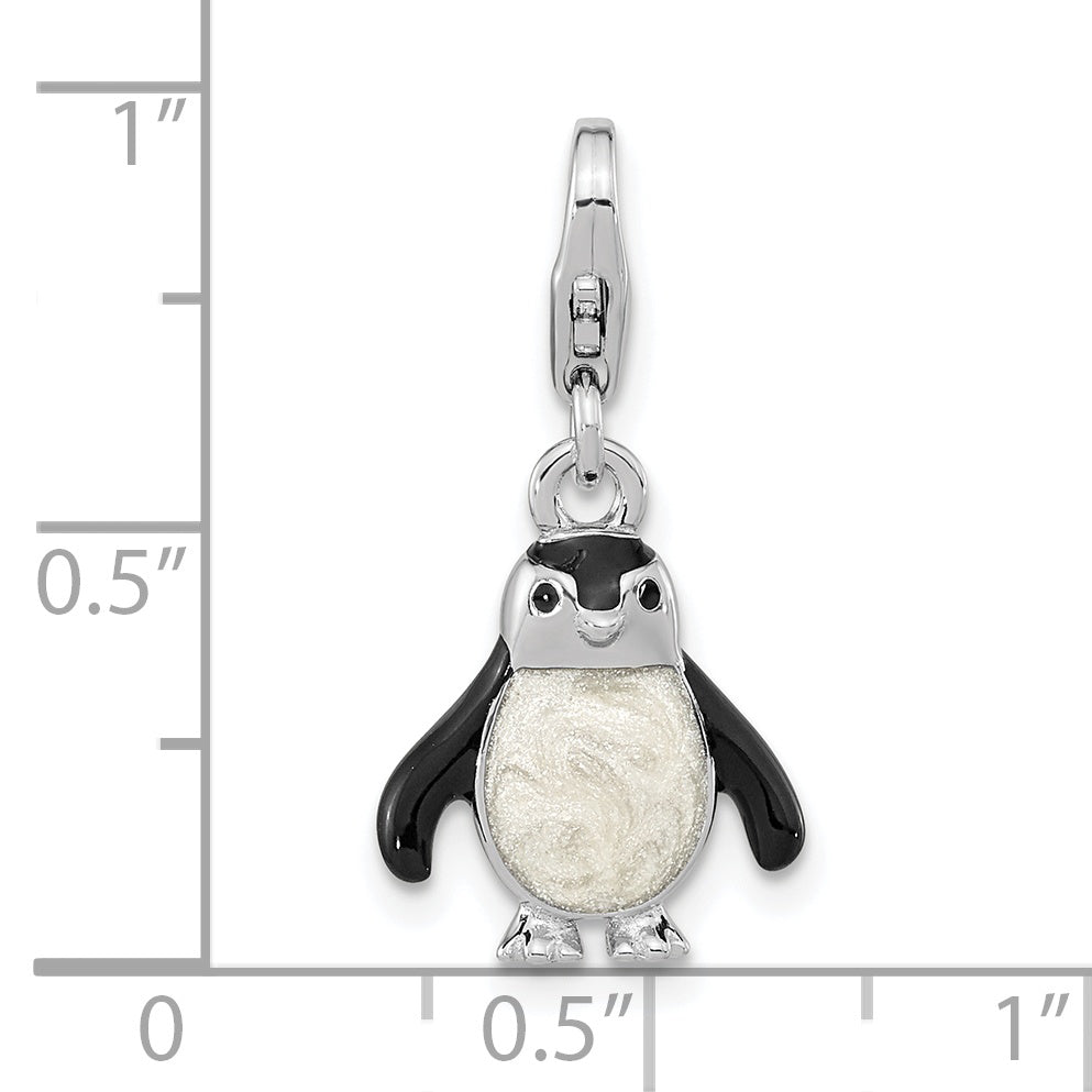 Sterling Silver Amore La Vita Rhodium-Plated Polished 3-D Glitter Enameled Penguin Charm With Fancy Lobster Clasp