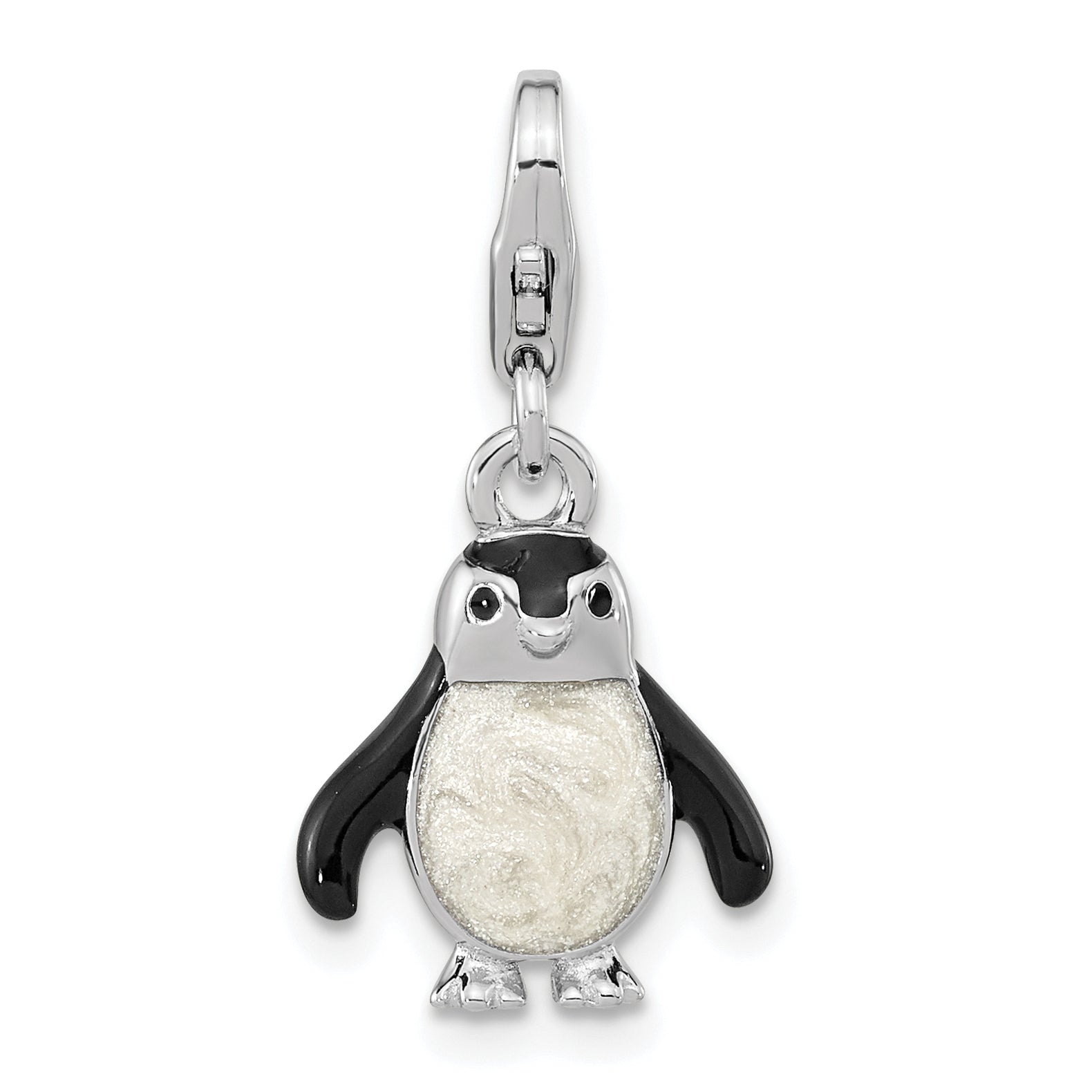 Sterling Silver Amore La Vita Rhodium-Plated Polished 3-D Glitter Enameled Penguin Charm With Fancy Lobster Clasp
