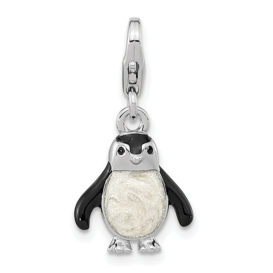Sterling Silver Amore La Vita Rhodium-Plated Polished 3-D Glitter Enameled Penguin Charm With Fancy Lobster Clasp