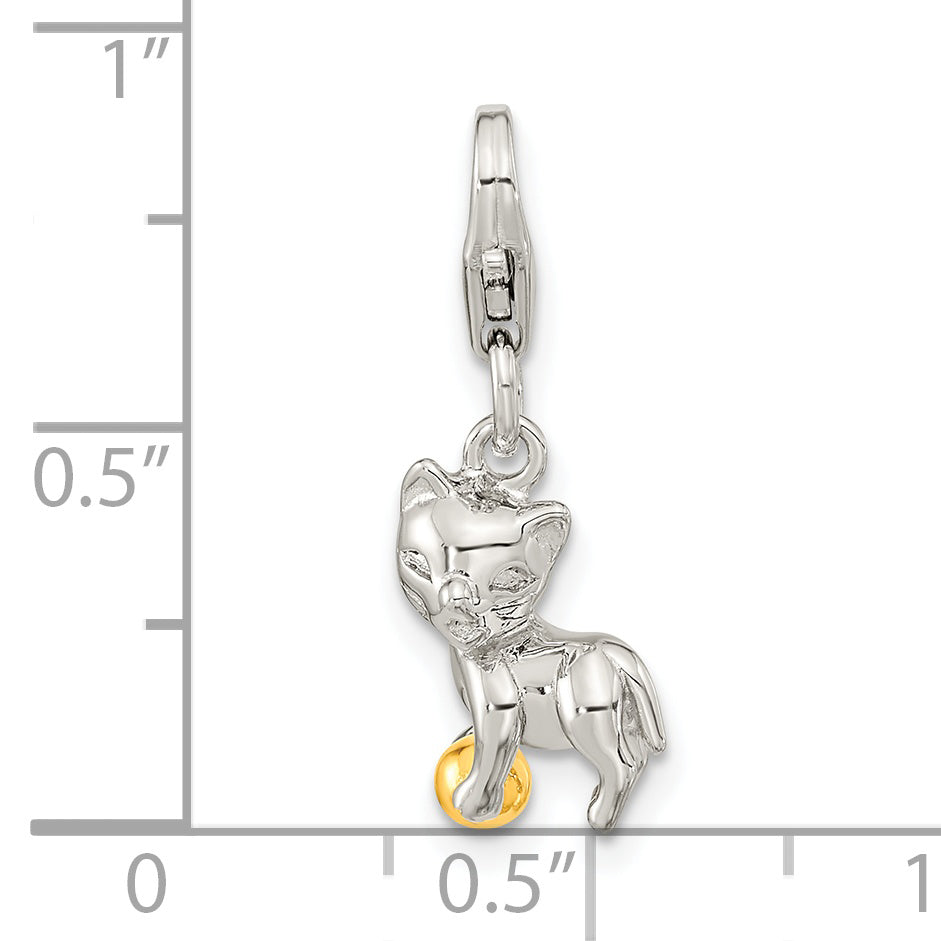 Ss/Gold Plated Amore La Vita Sterling Silver Rhodium-Plated And Gold-Plated Polished 3-D Cat Ball Charm With Fancy Lobster Clasp