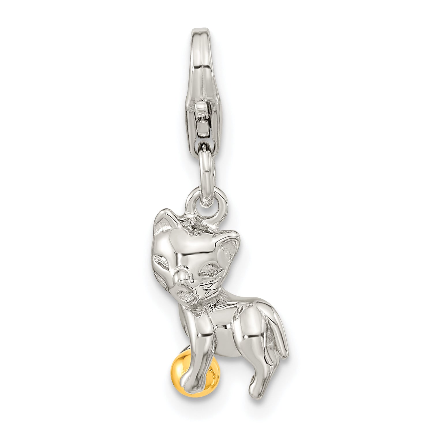 Ss/Gold Plated Amore La Vita Sterling Silver Rhodium-Plated And Gold-Plated Polished 3-D Cat Ball Charm With Fancy Lobster Clasp