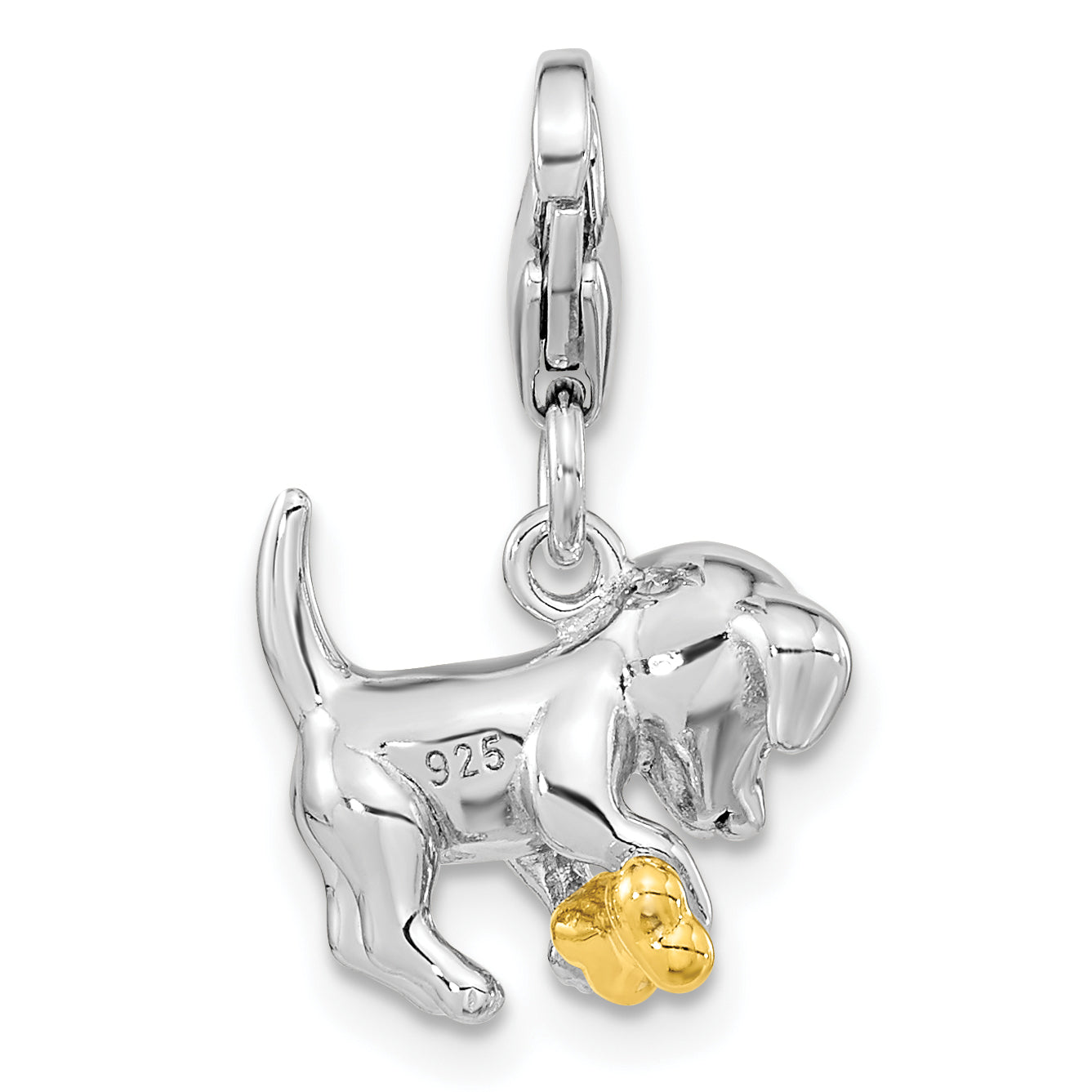 Ss/Gold Plated Amore La Vita Sterling Silver Rhodium-Plated And Gold-Plated Polished 3-D Puppy Holding Bone Charm With Fancy Lobster Clasp