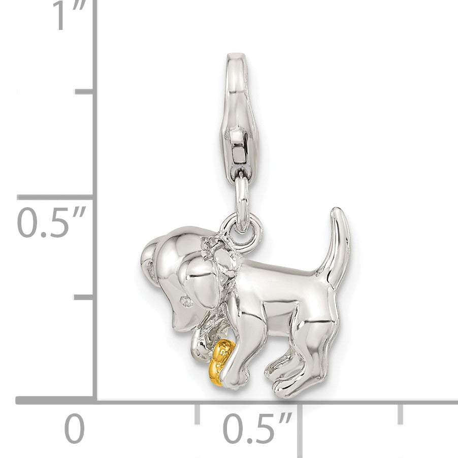 Ss/Gold Plated Amore La Vita Sterling Silver Rhodium-Plated And Gold-Plated Polished 3-D Puppy Holding Bone Charm With Fancy Lobster Clasp
