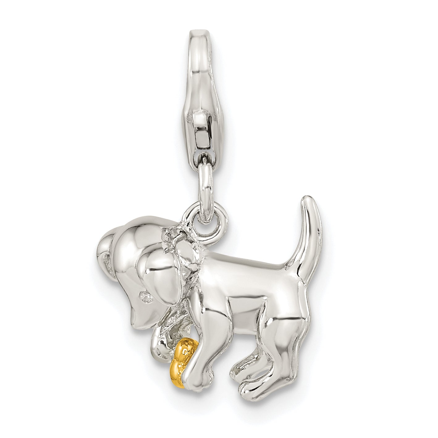 Ss/Gold Plated Amore La Vita Sterling Silver Rhodium-Plated And Gold-Plated Polished 3-D Puppy Holding Bone Charm With Fancy Lobster Clasp