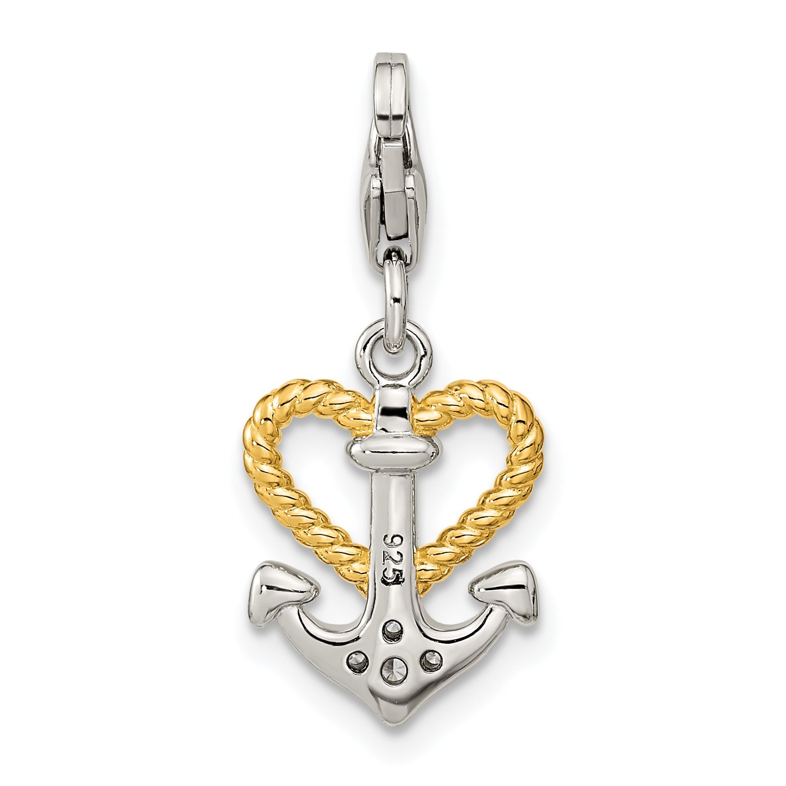 Ss/Gold Plated Amore La Vita Sterling Silver Rhodium-Plated And Gold-Plated Cz Heart Anchor Charm With Fancy Lobster Clasp