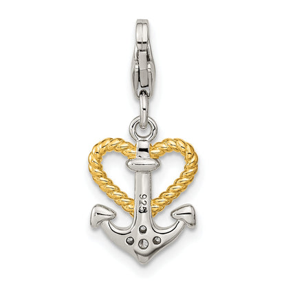 Ss/Gold Plated Amore La Vita Sterling Silver Rhodium-Plated And Gold-Plated Cz Heart Anchor Charm With Fancy Lobster Clasp