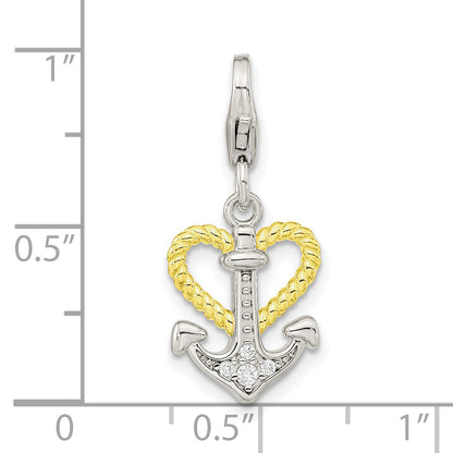 Ss/Gold Plated Amore La Vita Sterling Silver Rhodium-Plated And Gold-Plated Cz Heart Anchor Charm With Fancy Lobster Clasp