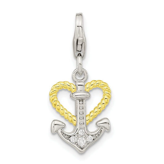 Ss/Gold Plated Amore La Vita Sterling Silver Rhodium-Plated And Gold-Plated Cz Heart Anchor Charm With Fancy Lobster Clasp