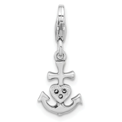 Sterling Silver Amore La Vita Rhodium-Plated Polished Antiqued Cz Anchor With Heart Charm Fancy Lobster Clasp