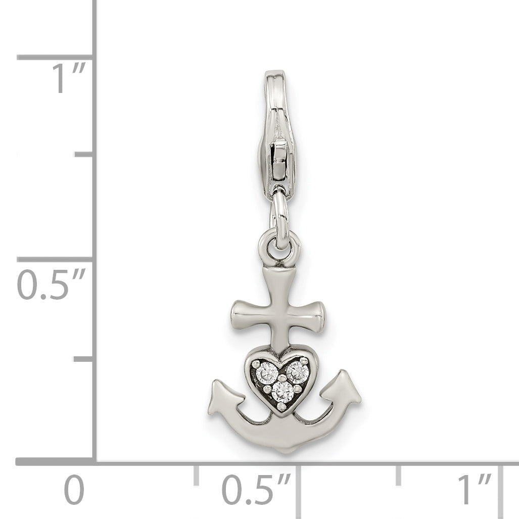 Sterling Silver Amore La Vita Rhodium-Plated Polished Antiqued Cz Anchor With Heart Charm Fancy Lobster Clasp