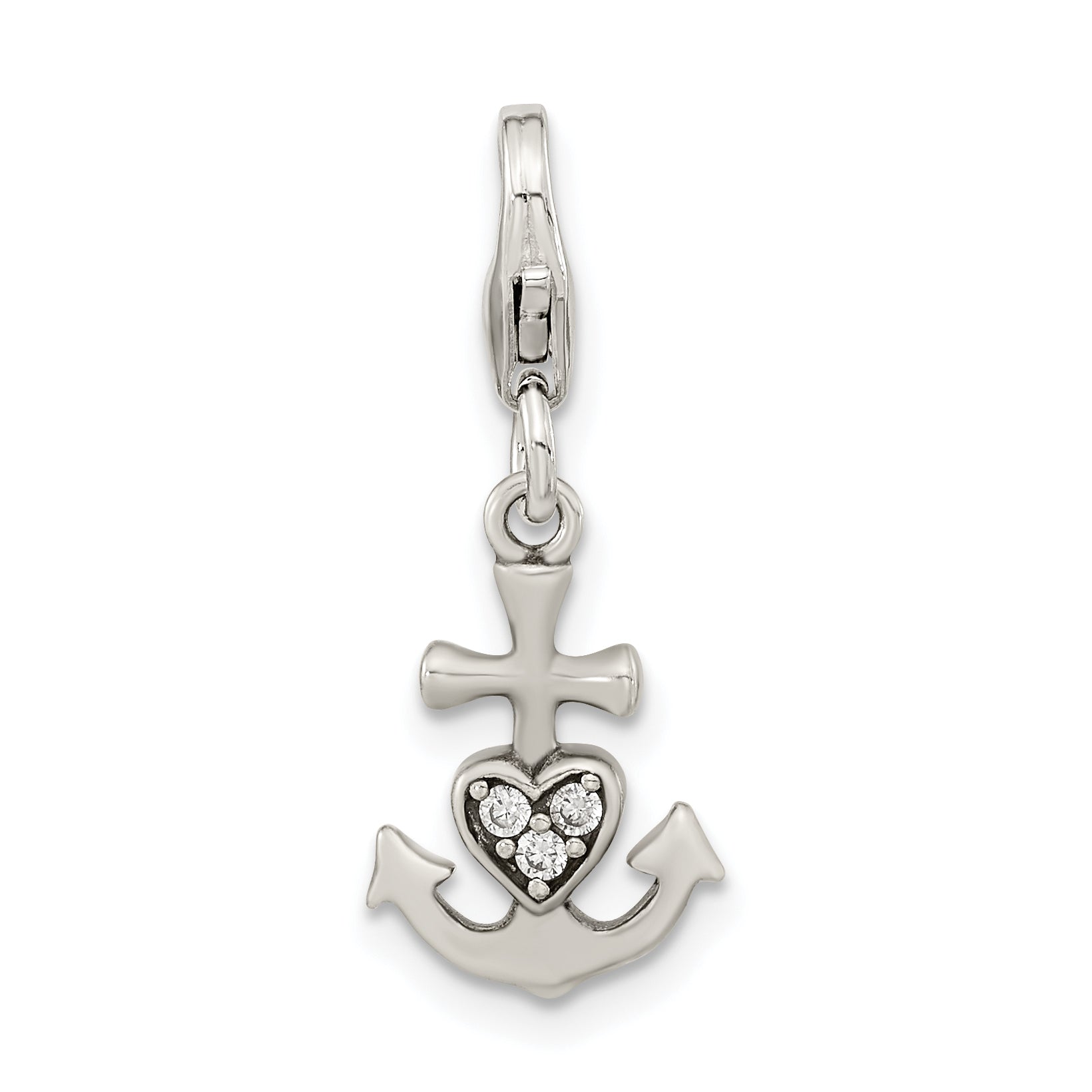 Sterling Silver Amore La Vita Rhodium-Plated Polished Antiqued Cz Anchor With Heart Charm Fancy Lobster Clasp