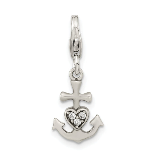 Sterling Silver Amore La Vita Rhodium-Plated Polished Antiqued Cz Anchor With Heart Charm Fancy Lobster Clasp