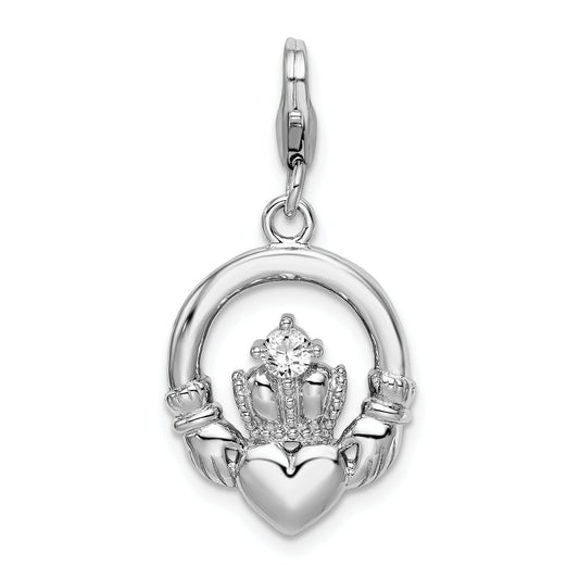 Sterling Silver Amore La Vita Rhodium-Plated Polished Clear Cz Claddagh Charm With Fancy Lobster Clasp