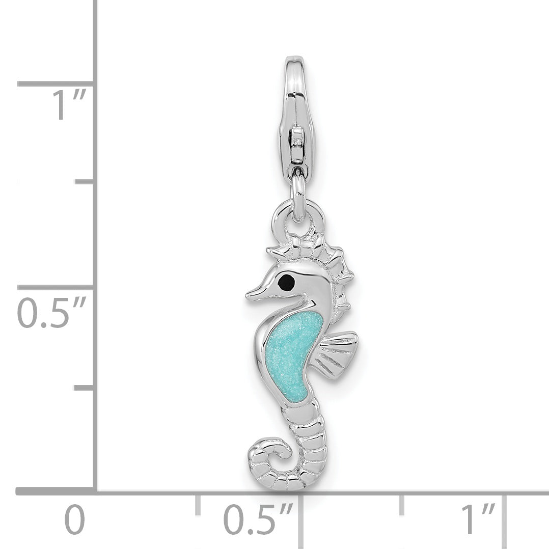Sterling Silver Amore La Vita Rhodium-Plated Polished 3-D Glitter Enameled Seahorse Charm With Fancy Lobster Clasp