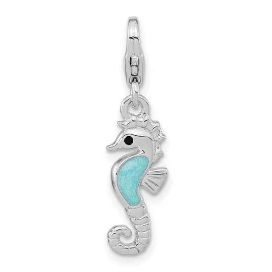 Sterling Silver Amore La Vita Rhodium-Plated Polished 3-D Glitter Enameled Seahorse Charm With Fancy Lobster Clasp