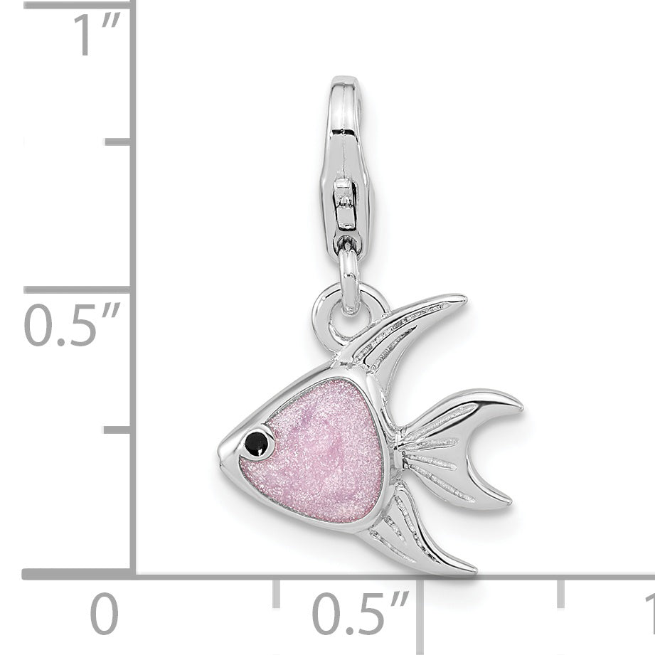 Sterling Silver Amore La Vita Rhodium-Plated Polished 3-D Enameled Angel Fish Charm With Fancy Lobster Clasp