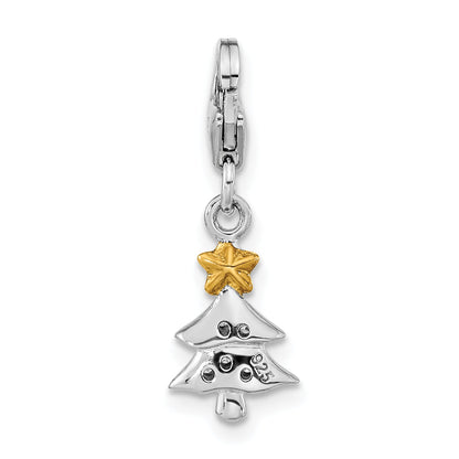 Ss/Gold Plated Amore La Vita Sterling Silver Rhodium-Plated And Gold-Plated Polished Cz Christmas Tree Charm With Fancy Lobster Clasp