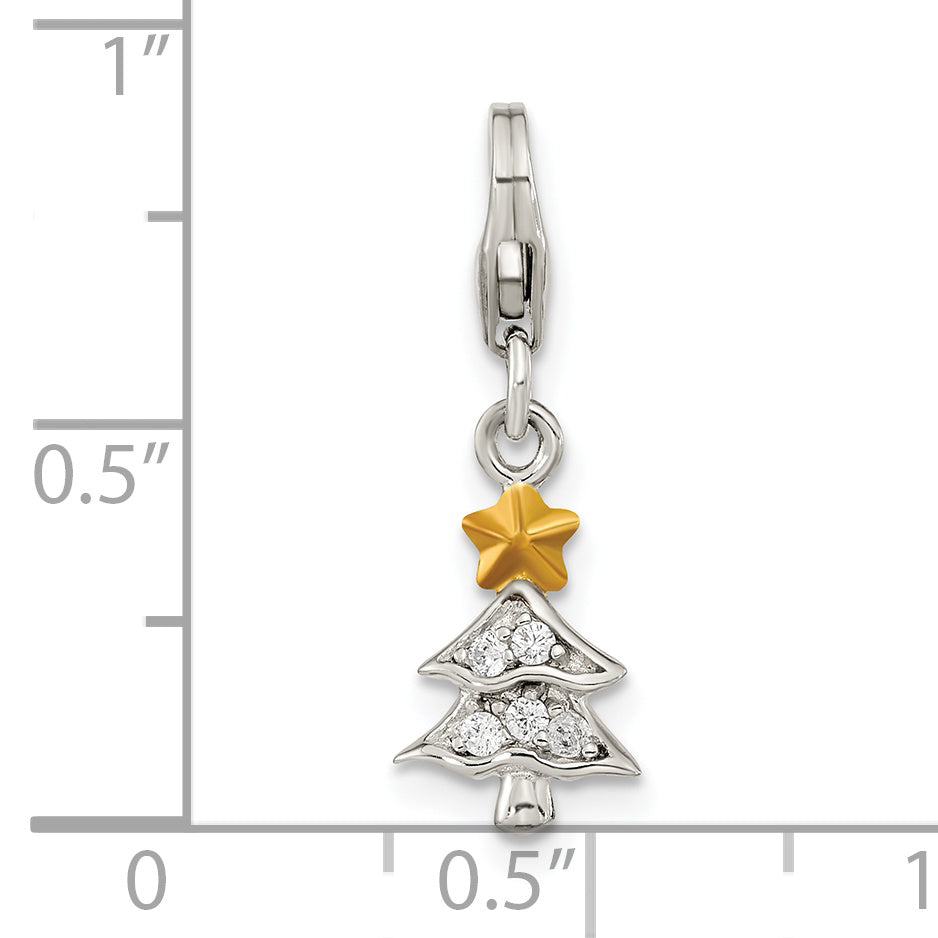 Ss/Gold Plated Amore La Vita Sterling Silver Rhodium-Plated And Gold-Plated Polished Cz Christmas Tree Charm With Fancy Lobster Clasp