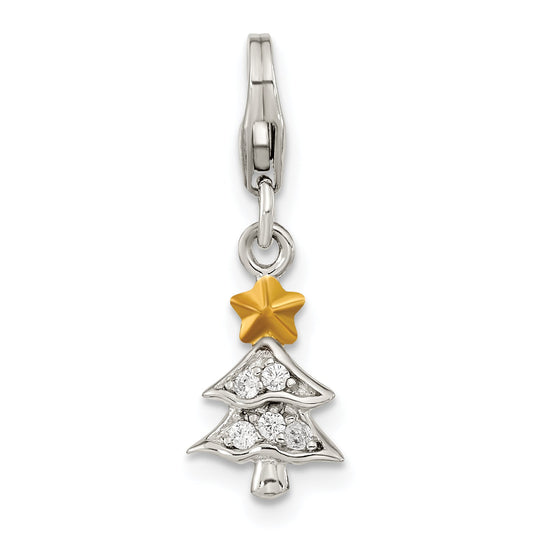 Ss/Gold Plated Amore La Vita Sterling Silver Rhodium-Plated And Gold-Plated Polished Cz Christmas Tree Charm With Fancy Lobster Clasp