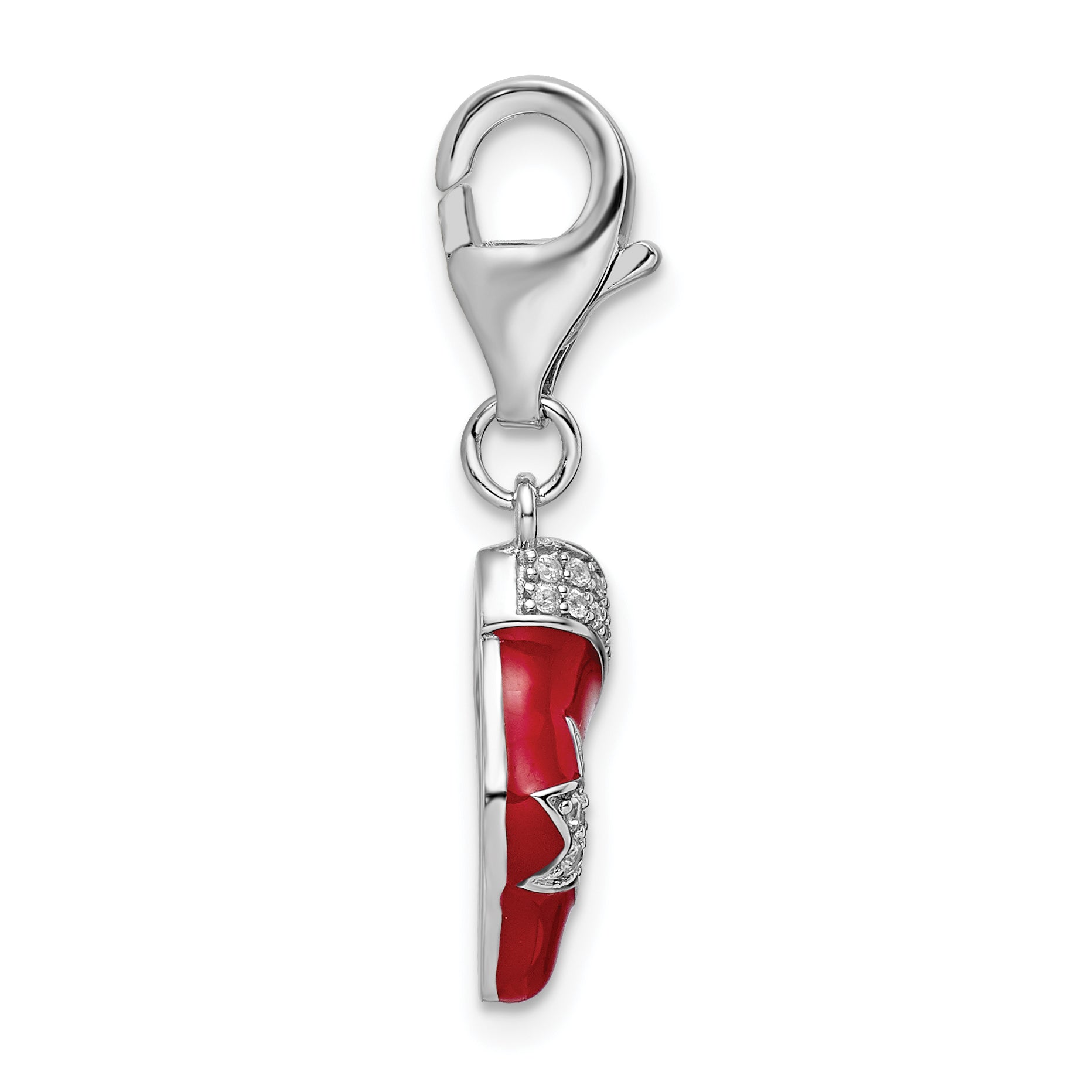 Sterling Silver Amore La Vita Rhodium-Plated Polished Cz Enameled Christmas Stocking Charm With Fancy Lobster Clasp