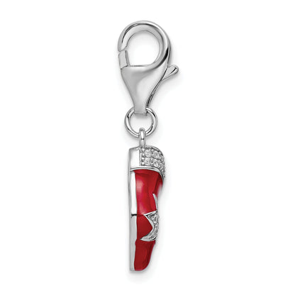 Sterling Silver Amore La Vita Rhodium-Plated Polished Cz Enameled Christmas Stocking Charm With Fancy Lobster Clasp