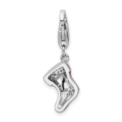 Sterling Silver Amore La Vita Rhodium-Plated Polished Cz Enameled Christmas Stocking Charm With Fancy Lobster Clasp