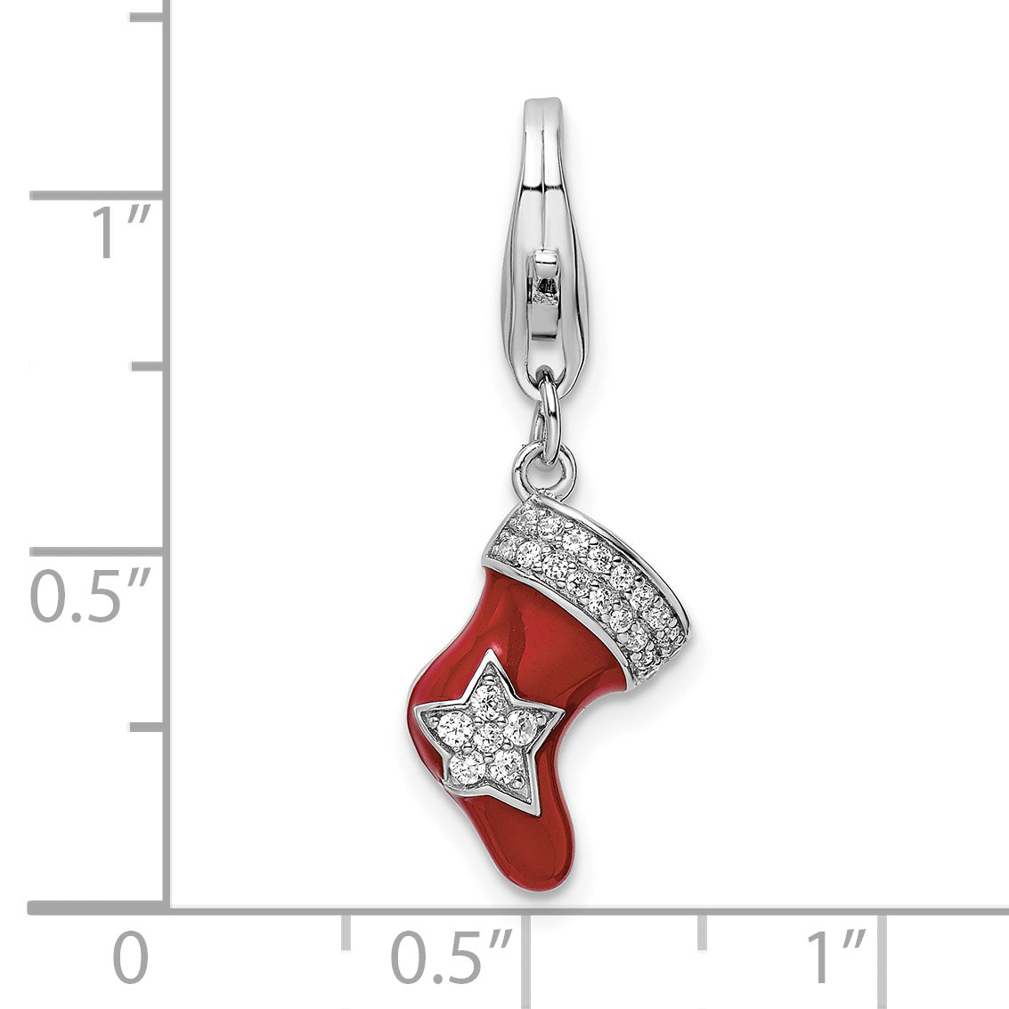 Sterling Silver Amore La Vita Rhodium-Plated Polished Cz Enameled Christmas Stocking Charm With Fancy Lobster Clasp