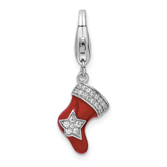 Sterling Silver Amore La Vita Rhodium-Plated Polished Cz Enameled Christmas Stocking Charm With Fancy Lobster Clasp