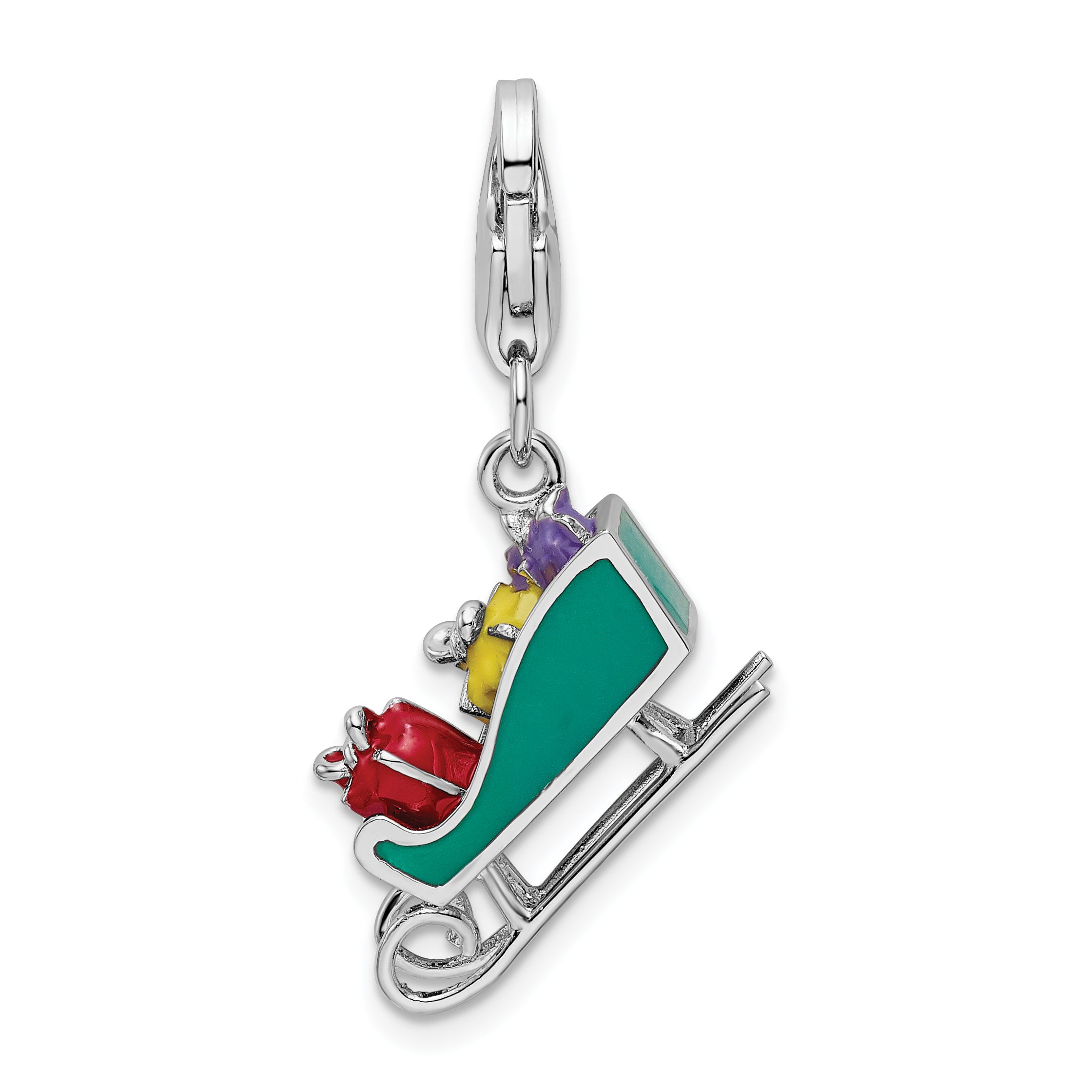 Sterling Silver Amore La Vita Rhodium-Plated Polished 3-D Enameled Sled With Presents Charm