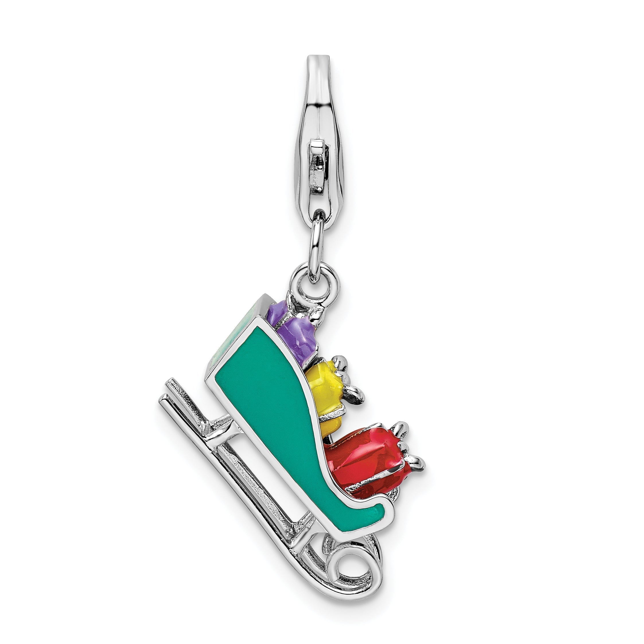 Sterling Silver Amore La Vita Rhodium-Plated Polished 3-D Enameled Sled With Presents Charm