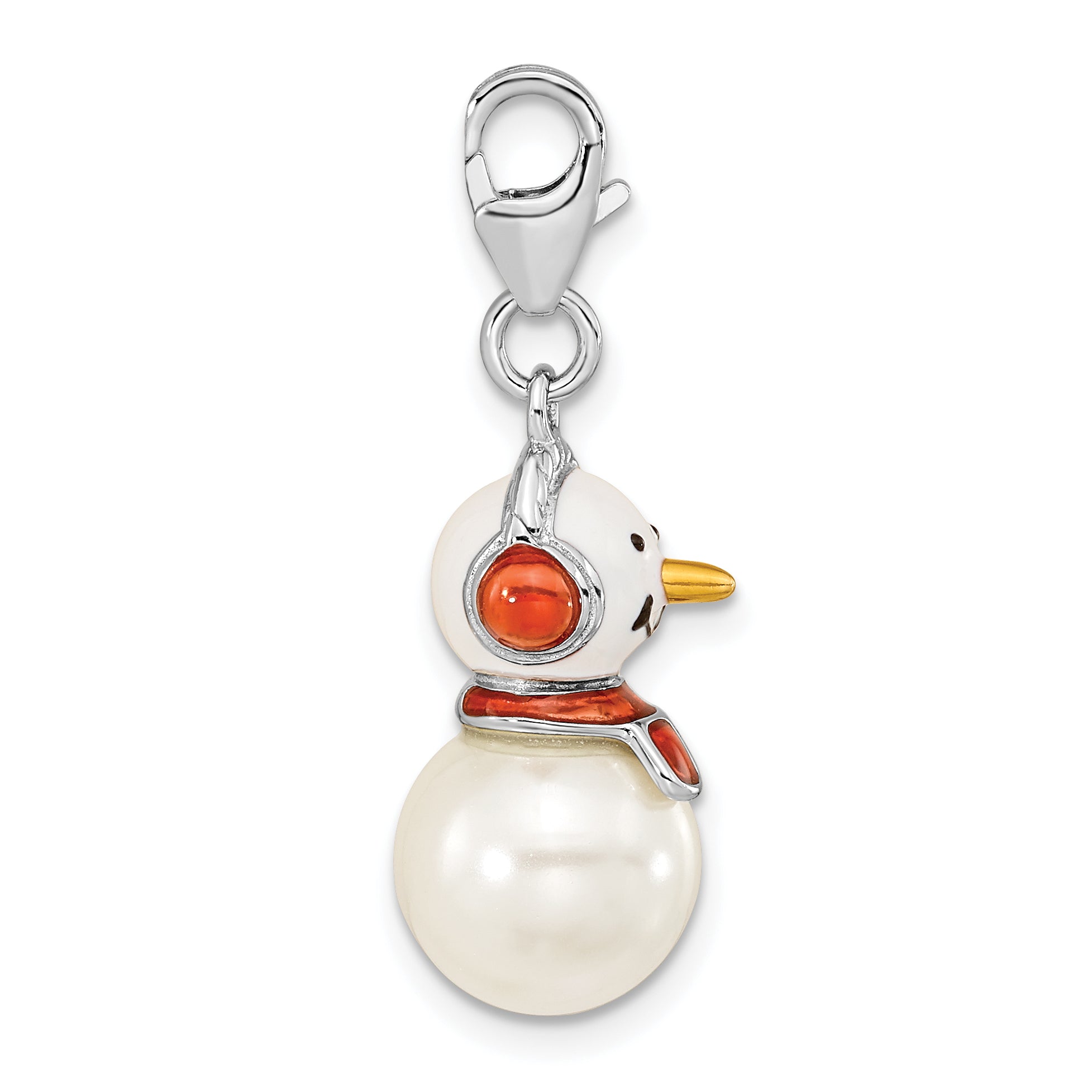 Sterling Silver Amore La Vita Rhodium-Plated Polished 3-D Mother Of Pearl And Enameled Snowman Charm With Fancy Lobster Clasp