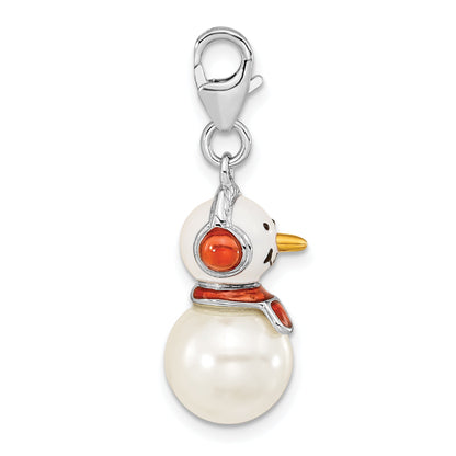 Sterling Silver Amore La Vita Rhodium-Plated Polished 3-D Mother Of Pearl And Enameled Snowman Charm With Fancy Lobster Clasp