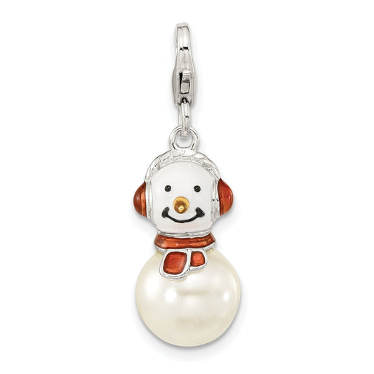 Sterling Silver Amore La Vita Rhodium-Plated Polished 3-D Mother Of Pearl And Enameled Snowman Charm With Fancy Lobster Clasp