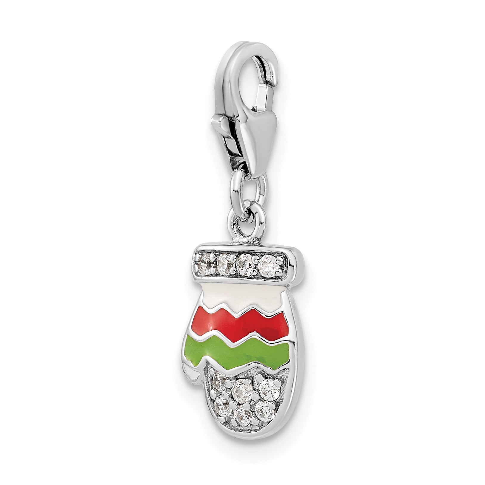 Sterling Silver Amore La Vita Rhodium-Plated Polished Cz Enameled Mitten Charm With Fancy Lobster Clasp