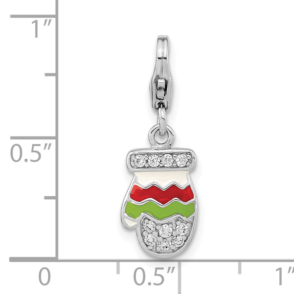 Sterling Silver Amore La Vita Rhodium-Plated Polished Cz Enameled Mitten Charm With Fancy Lobster Clasp