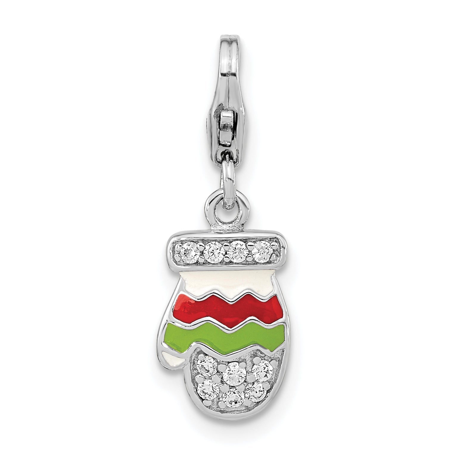 Sterling Silver Amore La Vita Rhodium-Plated Polished Cz Enameled Mitten Charm With Fancy Lobster Clasp